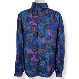 Vintage Boho Mandala Mock Neck Satin Blouse Top Size 10 Loose Colorful 70s Retro